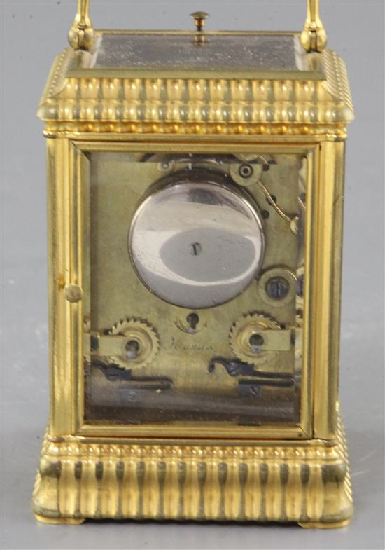 An Henri Jacot gorge-variant ormolu cased hour repeating carriage clock, 4.75in. with leather travelling case.
